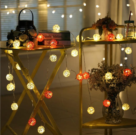 1 Set of Orange n White 5cm Rattan Cane 20 Ball Battery Powered 3m String Lights Christmas Gift Home Wedding Party Bedroom Decoration Table Centrepiece