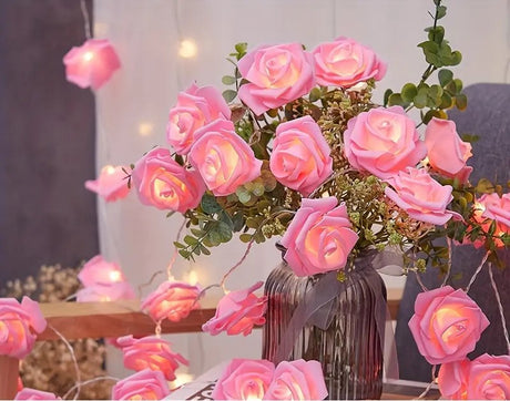 20 Pink Rose 3D Fairy Lights 3M String, Battery (AA) Indoor & Outdoor Decorations Wedding Valentines Romantic Room Table Lighting