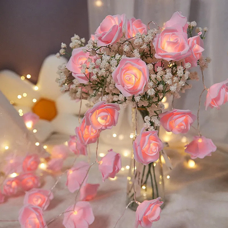 20 Pink Rose 3D Fairy Lights 3M String, Battery (AA) Indoor & Outdoor Decorations Wedding Valentines Romantic Room Table Lighting