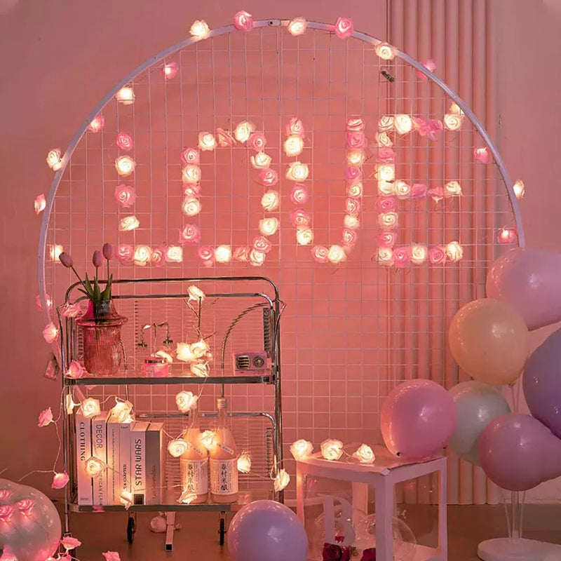 20 Pink n White Rose 3D Fairy Lights 3M String, Battery (AA) Indoor & Outdoor Decorations Wedding Valentines Romantic Room Table Lighting