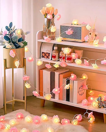 20 Pink n White Rose 3D Fairy Lights 3M String, Battery (AA) Indoor & Outdoor Decorations Wedding Valentines Romantic Room Table Lighting