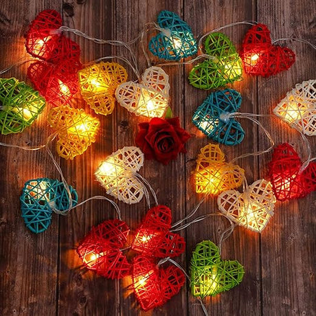 20 Rainbow 3D Hollowed Rattan Heart-Shaped 3M String Fairy Lights, Battery (AA) Indoor & Outdoor Decorations Birthday Kids Celebration PartyRoom Table Lighting