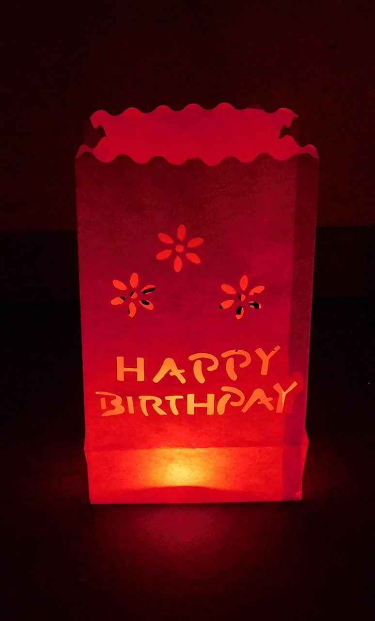 20 Pack Red Happy Birthday Luminary Paper Candle Tea Light Lantern Bags Garden Anniversary Birthday Night Decorations Evening Party