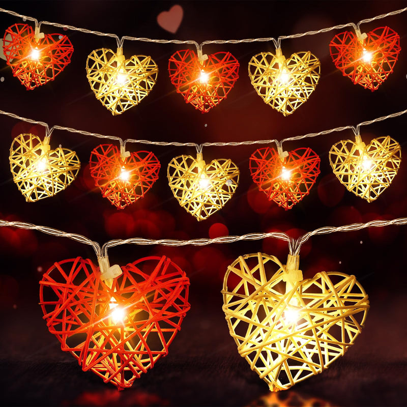 50 Red and White 3D Hollowed Rattan Heart-Shaped 5M LONG String Fairy Lights, Battery (AA) Indoor & Outdoor Decorations Wedding Valentines Romantic Room Table Lighting