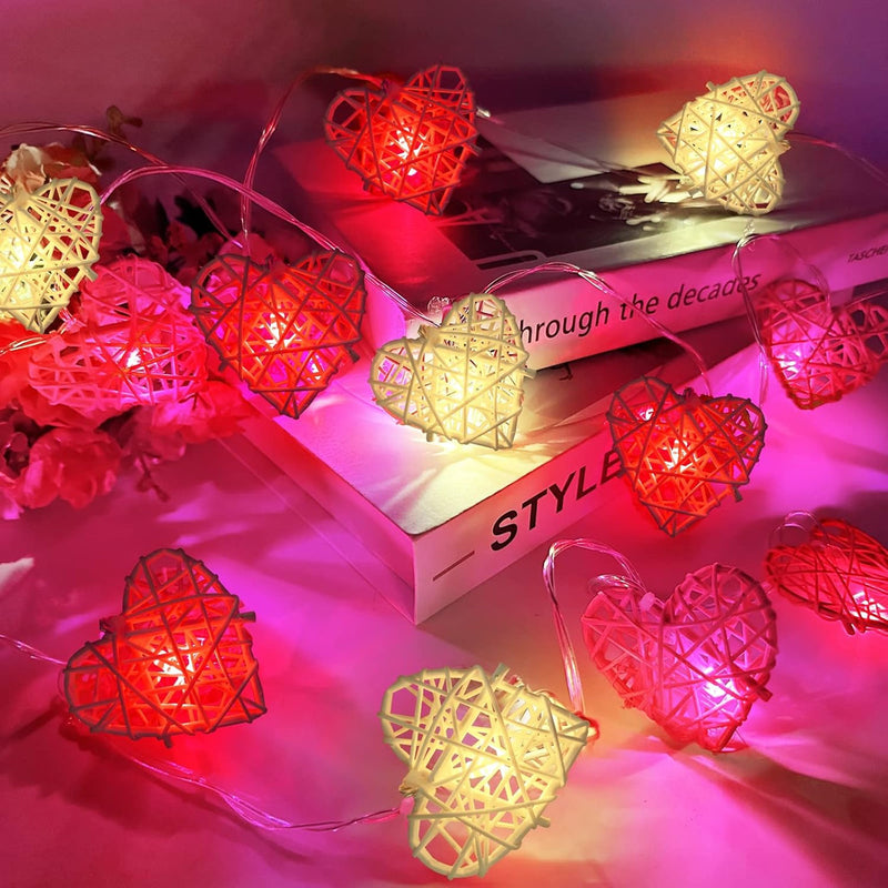 50 Red and White 3D Hollowed Rattan Heart-Shaped 5M LONG String Fairy Lights, Battery (AA) Indoor & Outdoor Decorations Wedding Valentines Romantic Room Table Lighting