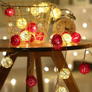 1 Set of Red and White5cm Rattan Cane 20 Ball Battery Powered 3m String Lights Christmas Gift Home Wedding Party Bedroom Decoration Table Centrepiece
