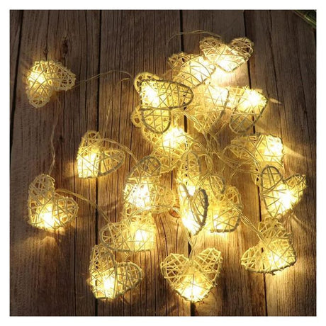 20 White 3D Hollowed Rattan Heart-Shaped 3M String Fairy Lights, Battery (AA) Indoor & Outdoor Decorations Wedding Valentines Romantic Room Table Lighting
