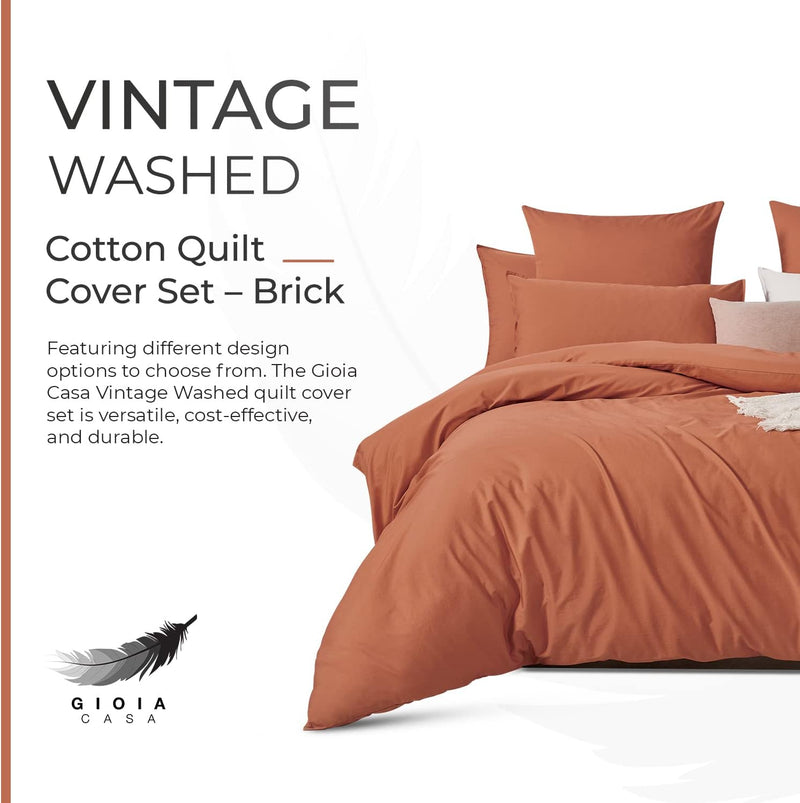 100% Cotton Vintage Washed Bed Quilt Cover Set - Brick - Single