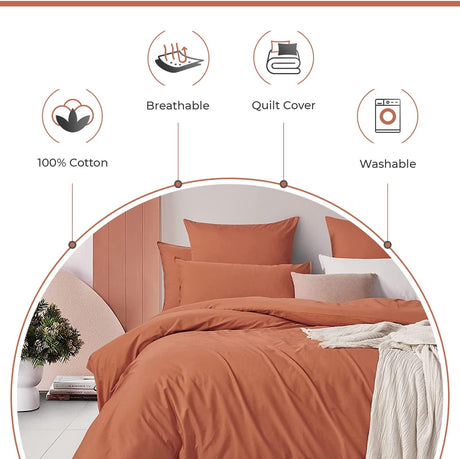 100% Cotton Vintage Washed Bed Quilt Cover Set - Brick - Single