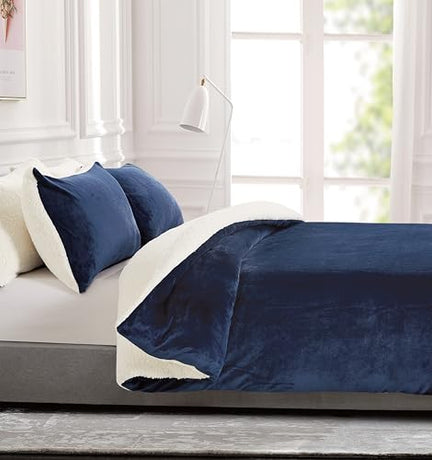 2-in-1 Teddy Sherpa Quilt Cover Set (Navy Blue, Queen)