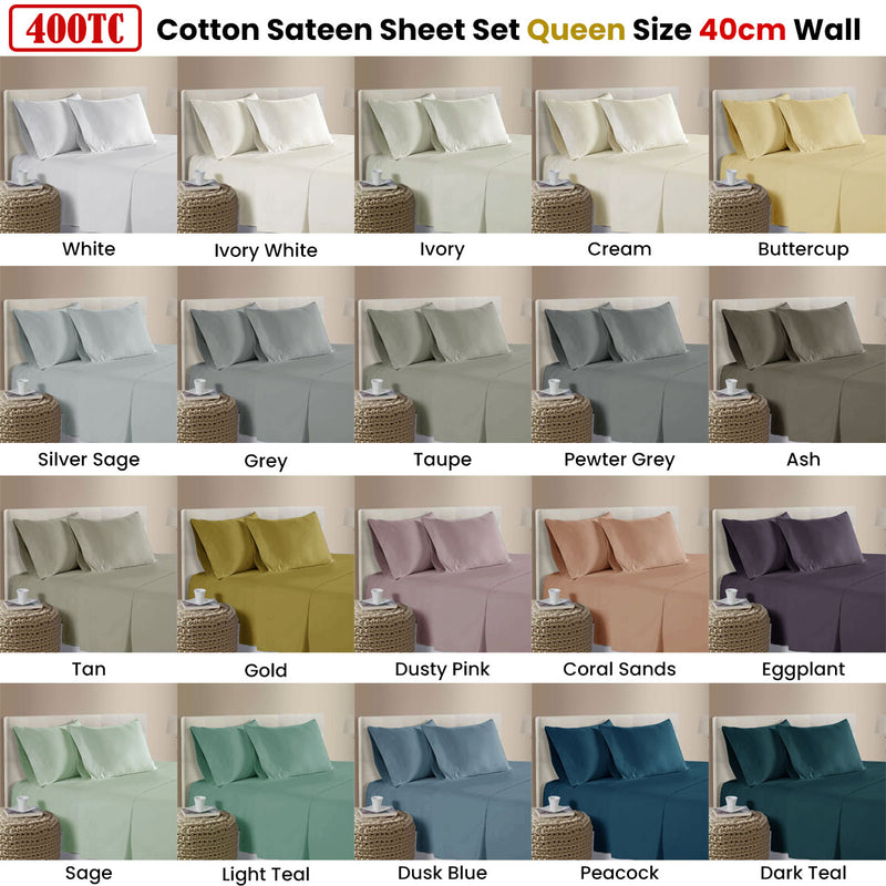 400TC 100% Cotton Sateen Premium Sheet Set 40cm Wall Tan Queen