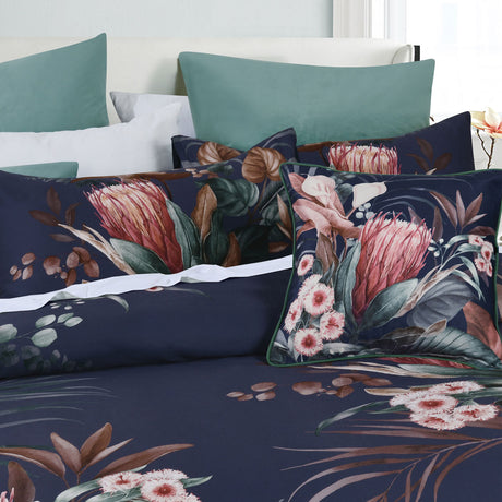 Bianca Balwyn Navy Cotton Sateen Botanical Quilt Cover Set King