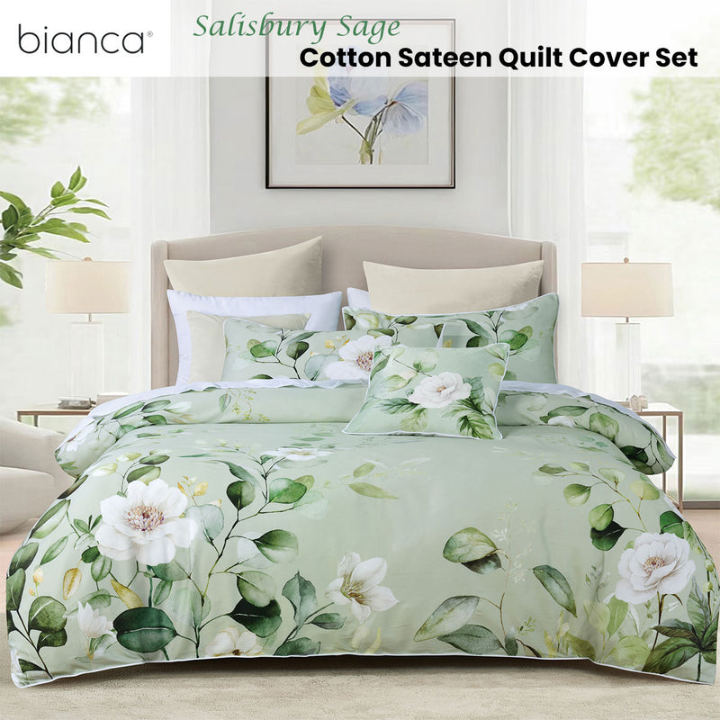 Bianca Salisbury Sage Floral Cotton Sateen Quilt Cover Set Queen