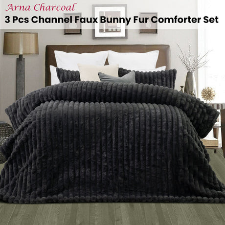 Jane Barrington Arna Charcoal 3 Pcs Channel Faux Bunny Fur Comforter Set King