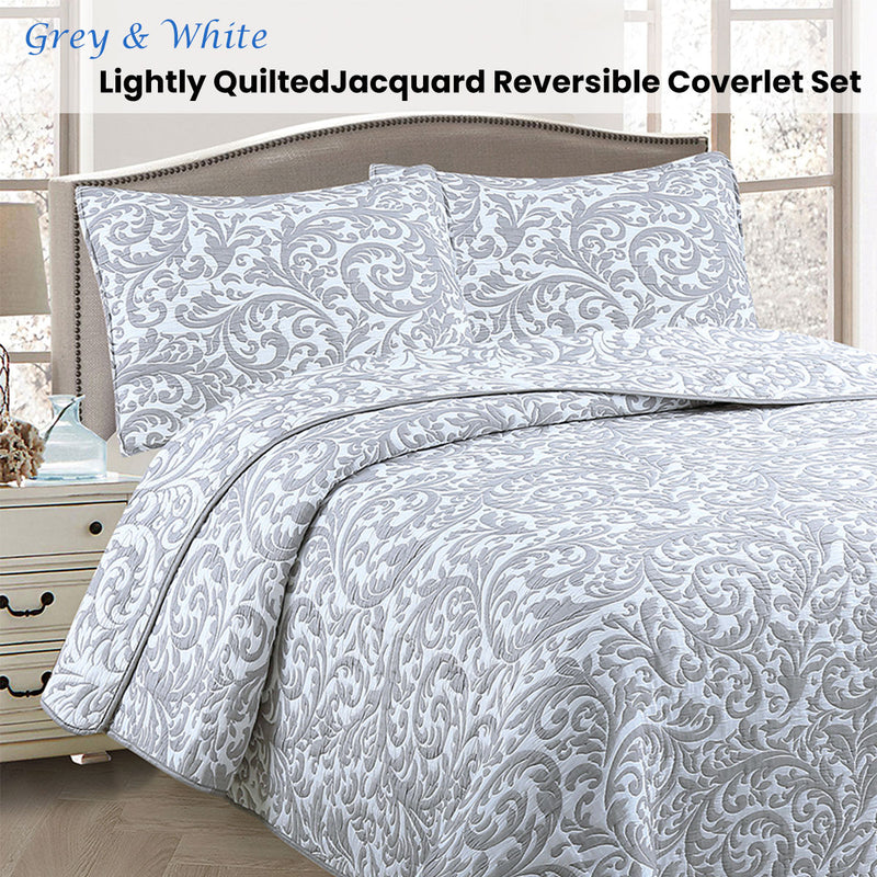 Jane Barrington Grey & White Lightly Quilted Jacquard Reversible Coverlet Set King