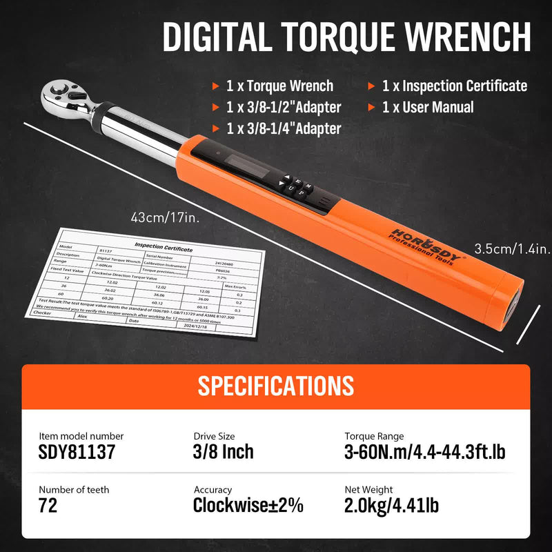 3/8" Drive Digital Torque Wrench Electronic Adjustable Torque Range 44ftlb