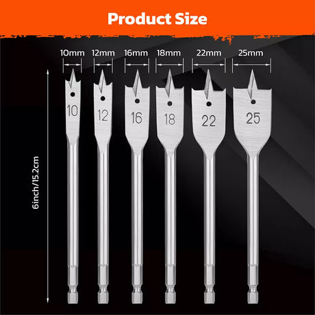 6-Pieces Flat Wood Boring Spade Drill Bit Set Drillbits 10-25mm Bits 1/4