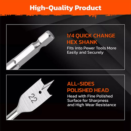 6-Pieces Flat Wood Boring Spade Drill Bit Set Drillbits 10-25mm Bits 1/4