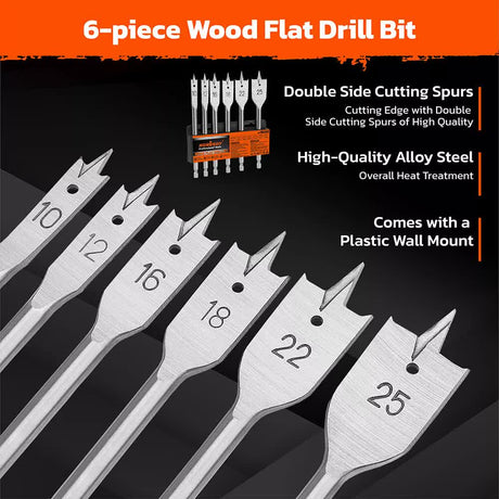 6-Pieces Flat Wood Boring Spade Drill Bit Set Drillbits 10-25mm Bits 1/4