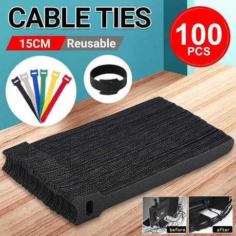 100PCS Reusable Cable Tie Nylon Hook Loop Strap Cord Ties PC TV Organiser - Colourful-100PCS