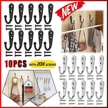 10Pcs Wall Hooks Heavy Duty Coat Hat Robe Hanger Double Hole Zinc Alloy Vintage - Silver
