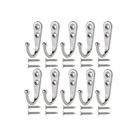 10Pcs Wall Hooks Heavy Duty Coat Hat Robe Hanger Double Hole Zinc Alloy Vintage - Silver