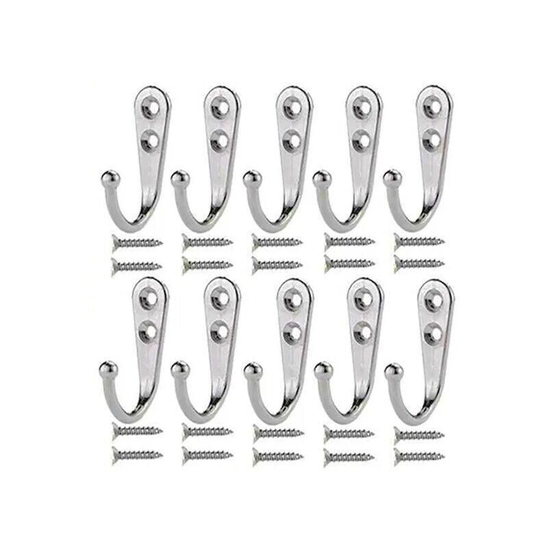 10Pcs Wall Hooks Heavy Duty Coat Hat Robe Hanger Double Hole Zinc Alloy Vintage - Silver