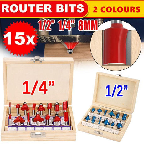 15X 1/2 1/4 inch Router Bits Set Woodworking Tool Cutter Shank Tungsten Carbide - Red 1/4