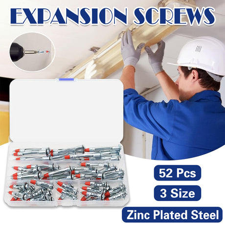 52PCS Galvanized Steel Wall Anchors Expansion Screws Self Tapping Bolts