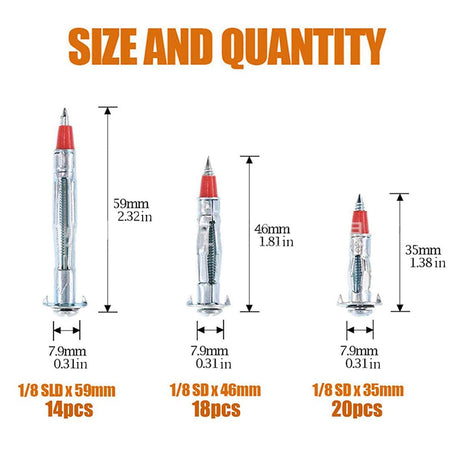 52PCS Galvanized Steel Wall Anchors Expansion Screws Self Tapping Bolts