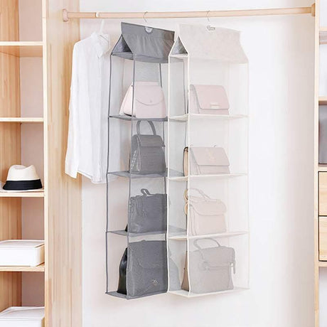 Beige Bag Storage Holder Wardrobe Closet Hanging Handbag Organizer 2/3/4 Pockets - 3 Layers