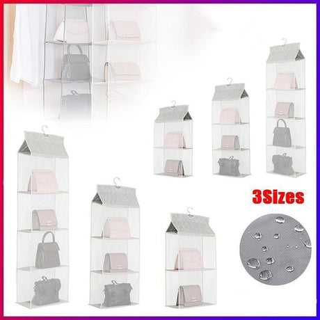 Beige Bag Storage Holder Wardrobe Closet Hanging Handbag Organizer 2/3/4 Pockets - 2 Layers