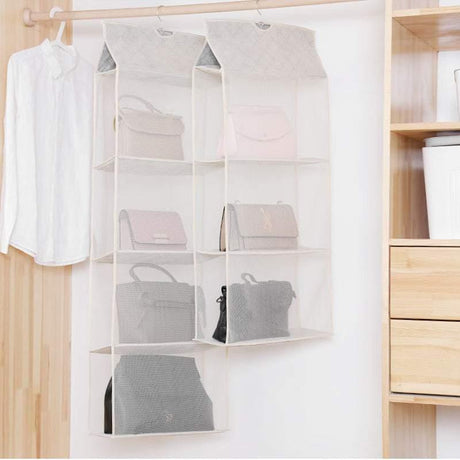 Beige Bag Storage Holder Wardrobe Closet Hanging Handbag Organizer 2/3/4 Pockets - 2 Layers