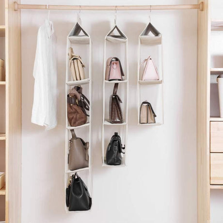 Beige Bag Storage Holder Wardrobe Closet Hanging Handbag Organizer 2/3/4 Pockets - 2 Layers
