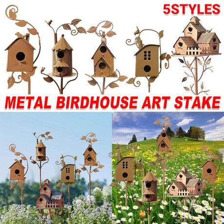 Birdhouse Garden Stakes Outdoor Yard Ornaments for Lawn and Garden Decoration - A