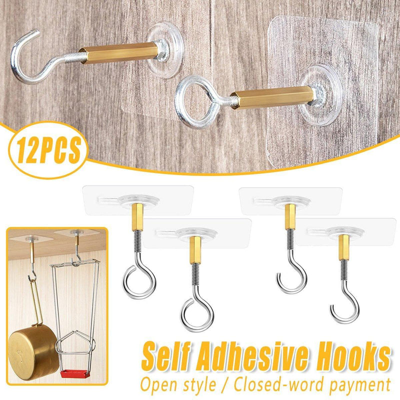 12 PCS Heavy Duty Self Adhesive Hooks Stainless Steel Ceiling Hooks for Home - Closed