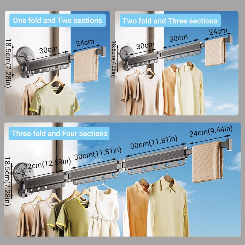 2/3/4-Bar Adjustable Foldable Retractable Clothes Drying Rack Suction Cup Hanger - One Fold And Two Sections