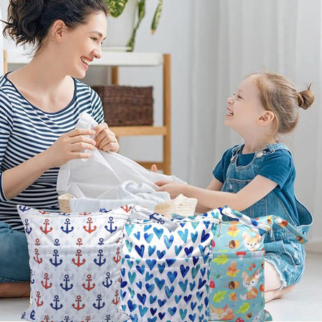 2PCS Cartoon Printed Diaper Bag Double Zipper Washable Storage Organizer - Blue Heart