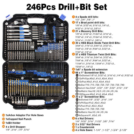 246pcs Drill Bit Set Hole Opener Drills Kit Metal Wood Plastic DIY Power Tools