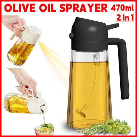 2-in-1 470ml Glass Oil Bottle Spray Pour Automatic Pressure Control Kitchen Tool - Beige
