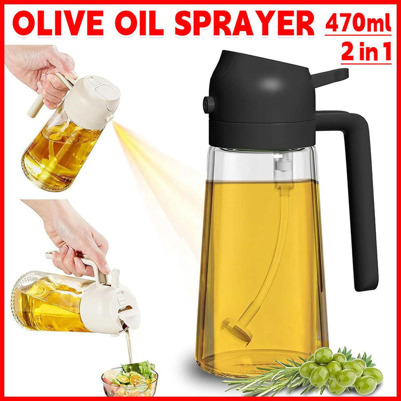 2-in-1 470ml Glass Oil Bottle Spray Pour Automatic Pressure Control Kitchen Tool - Beige