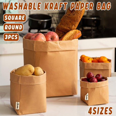 3pcs Washable Kraft Paper Storage Bag for Kitchen Desktop Refrigerator Organizer - L-Square