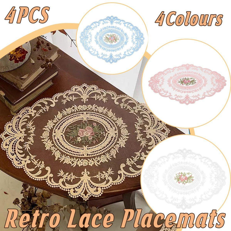 4 Pack Retro Lace Oval Placemats 31x42cm French Crochet Doilies 4 Colors Set - White