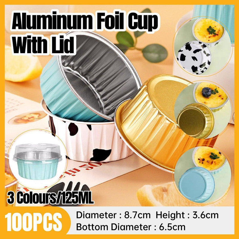 100Pcs Cake Tools Pudding Cake Aluminum Foil Baking Cups Cupcake Cup with Lids - 100pcs-Cow