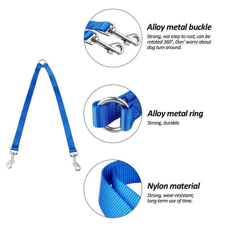 2 Way Double Dual Dog Leash Walk 2 Dogs With One Lead Coupler Nylon Harness - Blue