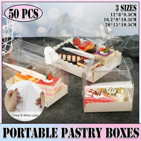 50PCS Portable Pastry Boxes Portable Cake Box Paper Cookie Boxes Sandwich Box - S-Transparent+White inner tray