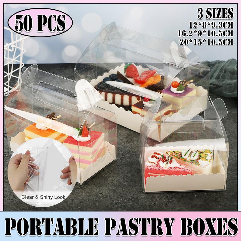 50PCS Portable Pastry Boxes Portable Cake Box Paper Cookie Boxes Sandwich Box - L-Transparent+White inner tray