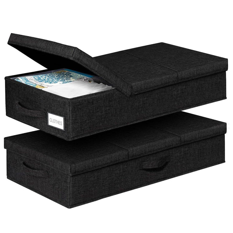 2PCS Black Foldable Storage Box Underbed with Lid Fabric Wardrobe Organizers