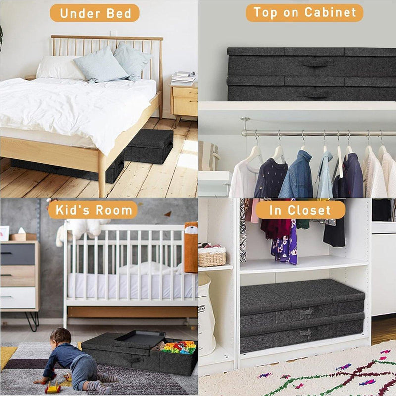 2PCS Black Foldable Storage Box Underbed with Lid Fabric Wardrobe Organizers