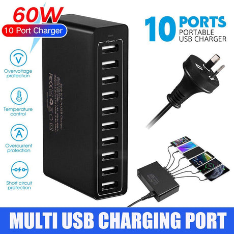 60W 10 Port USB Charger Multi Port AC Adapter Travel Wall Hub Charging Station